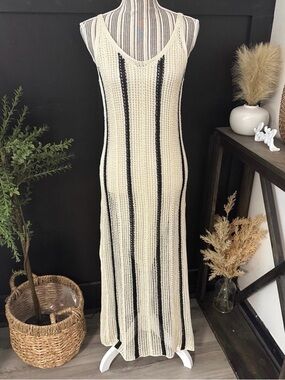 NWT! Women’s Sz S Crochet Maxi Boho Sleeveless Dress Cream & Black, Lined